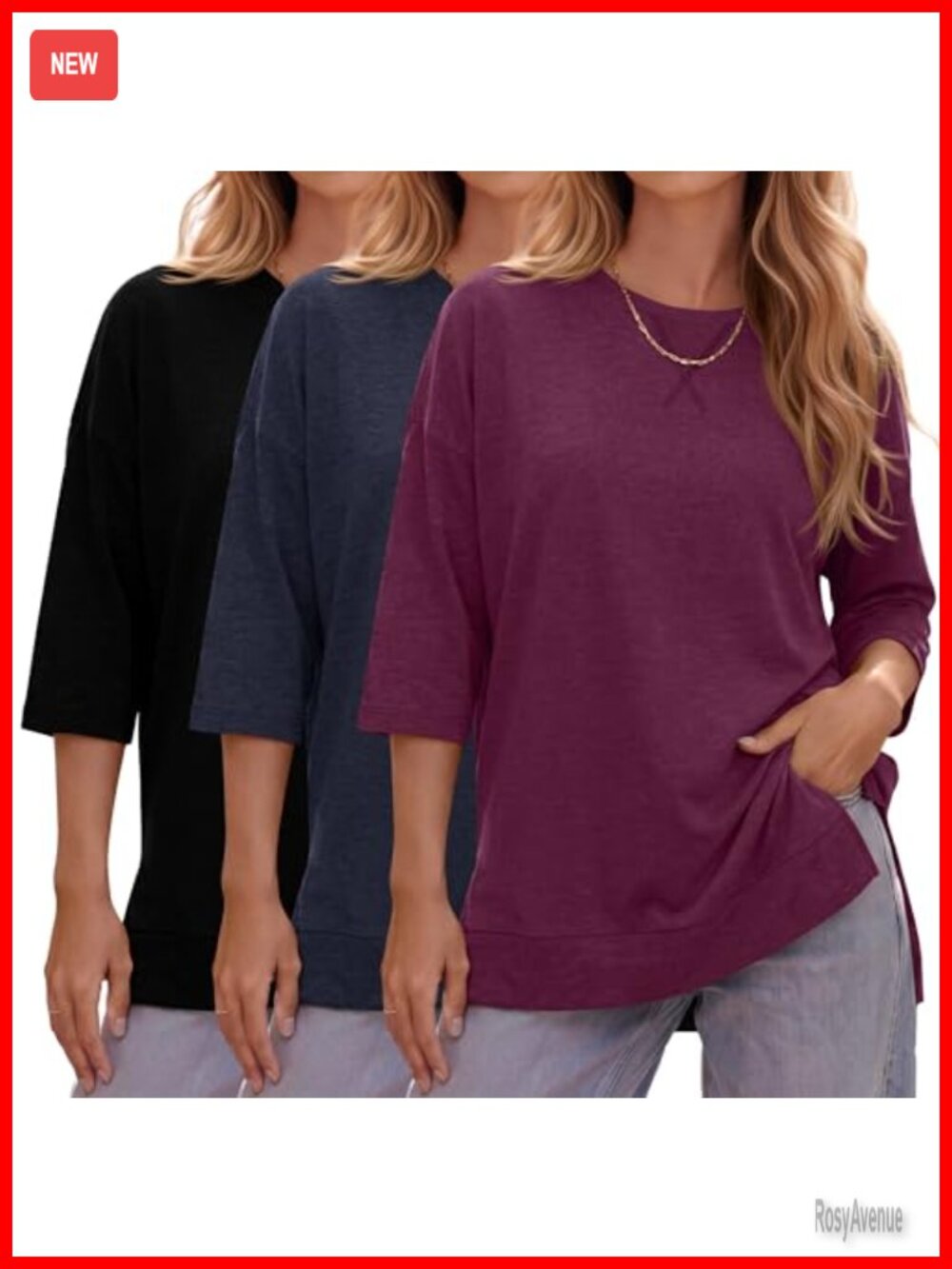 3 Pack Women's 3/4 Sleeve Tunic Tops Side Slit Loose Fit Casual